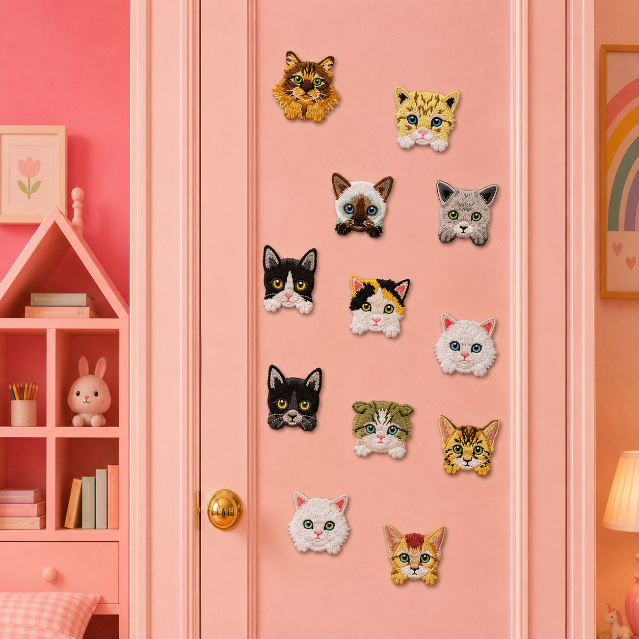 twelve realistic cat breed portrait embroidered patches with persian siamese tabby and tuxedo cats on a pink bedroom door