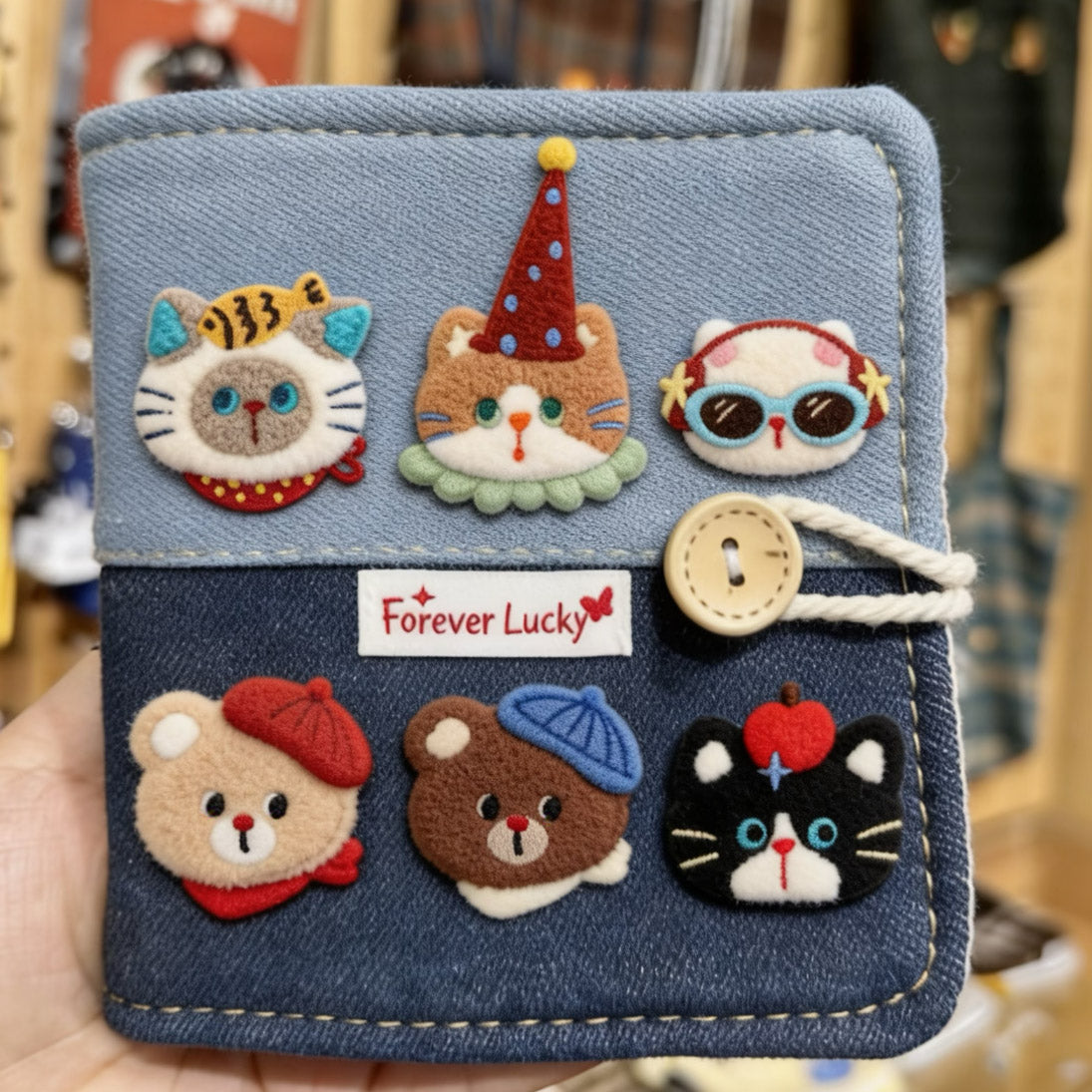 vintage chenille cat and bear embroidered patches on a denim card holder