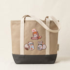 red panda raccoon and bunny stuck in jars stick-on patches decorating a tan canvas tote bag