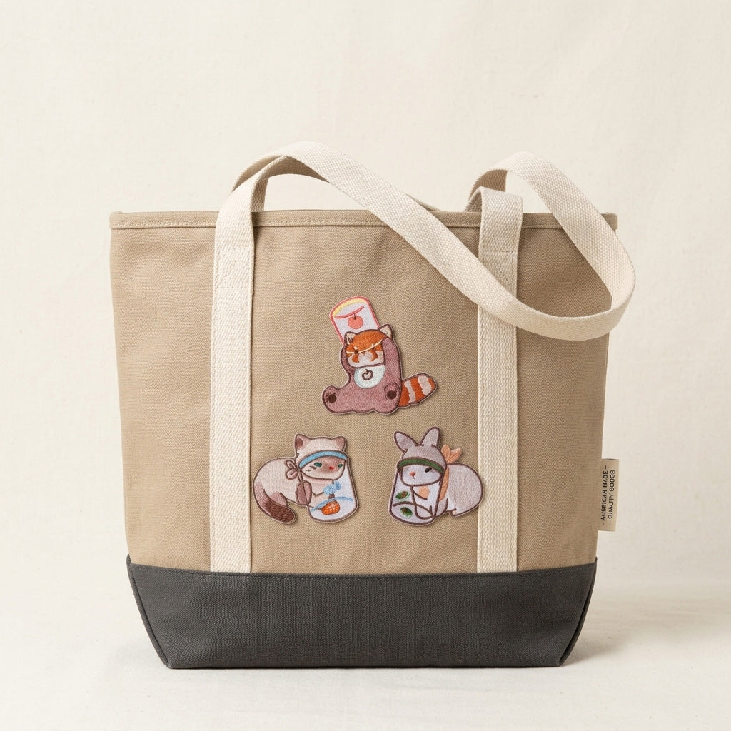red panda raccoon and bunny stuck in jars stick-on patches decorating a tan canvas tote bag