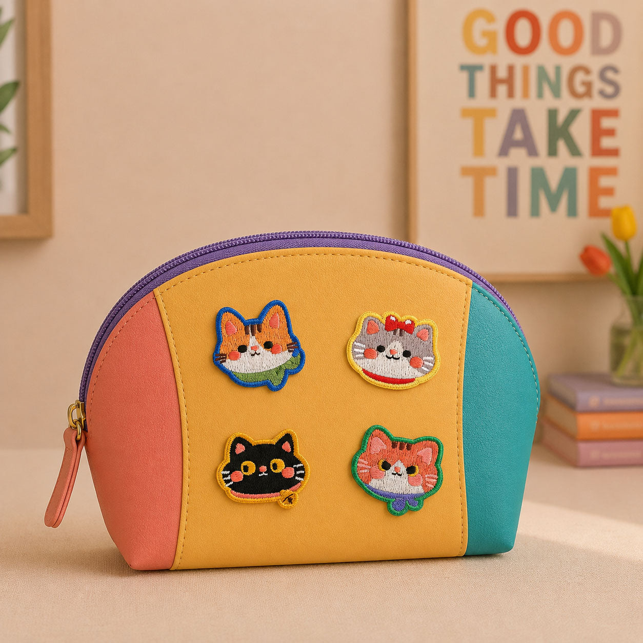colorful framed cat face stick-on patches decorating a yellow and pink color-block leather makeup bag