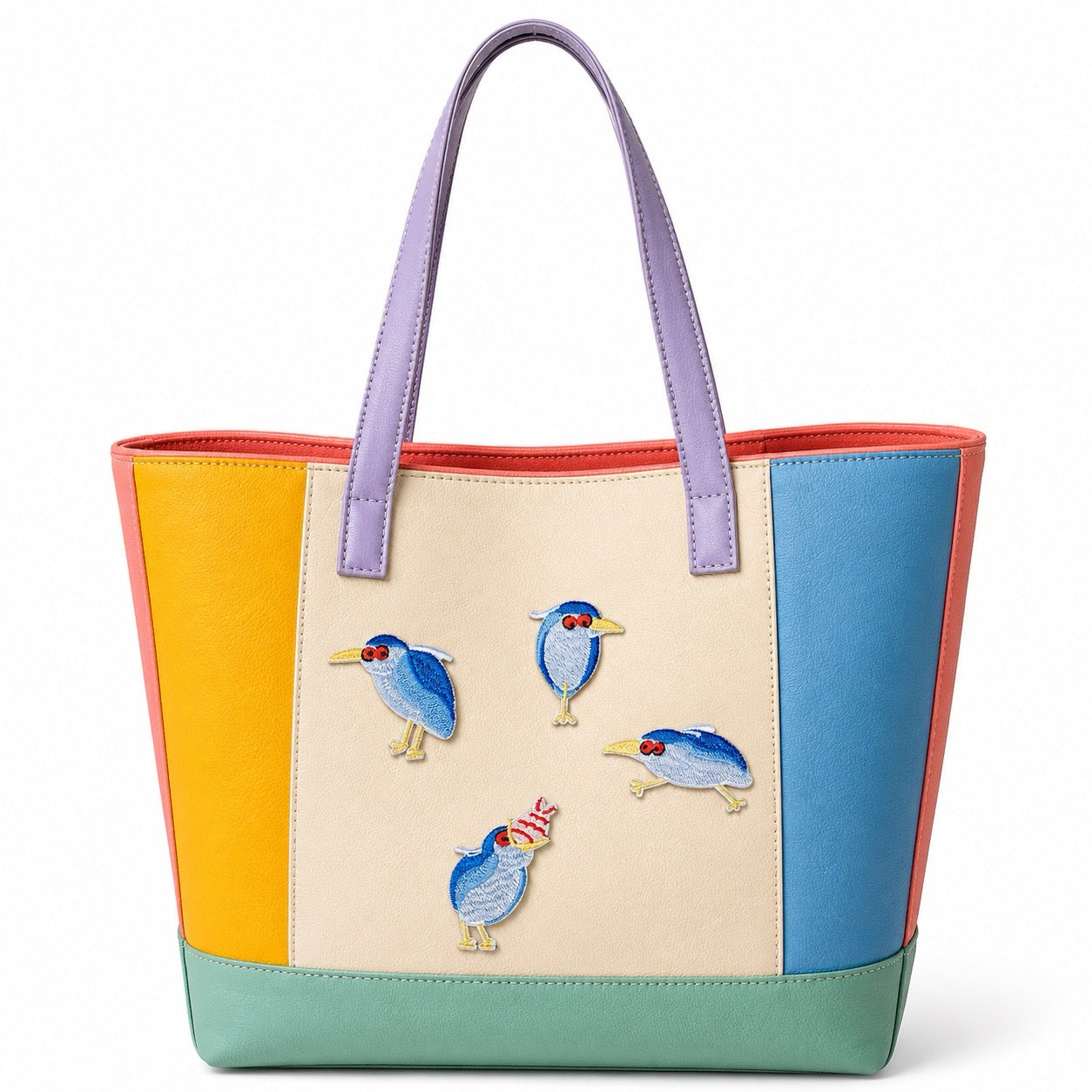 night heron embroidered patches on canvas tote bag