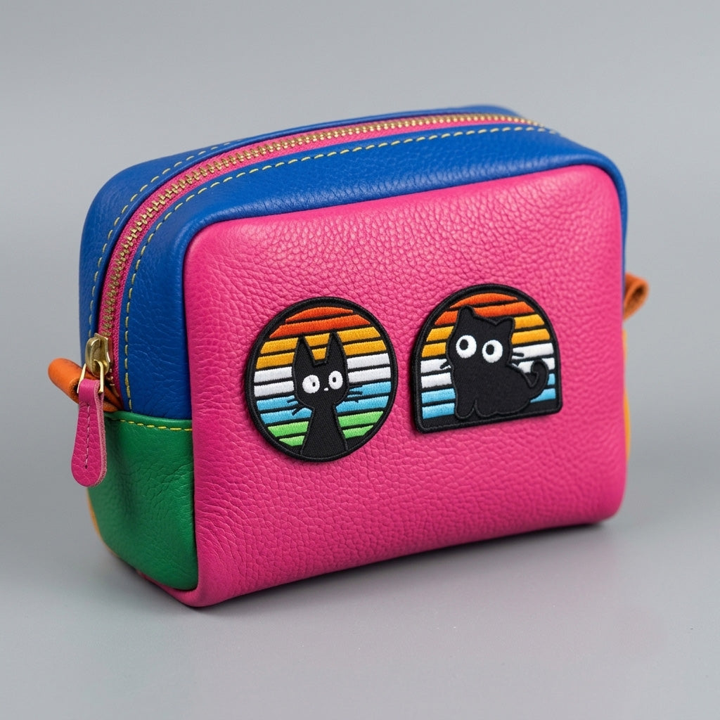 black cat in rainbow window embroidered stick-on patches on a colorful color-block leather zip pouch