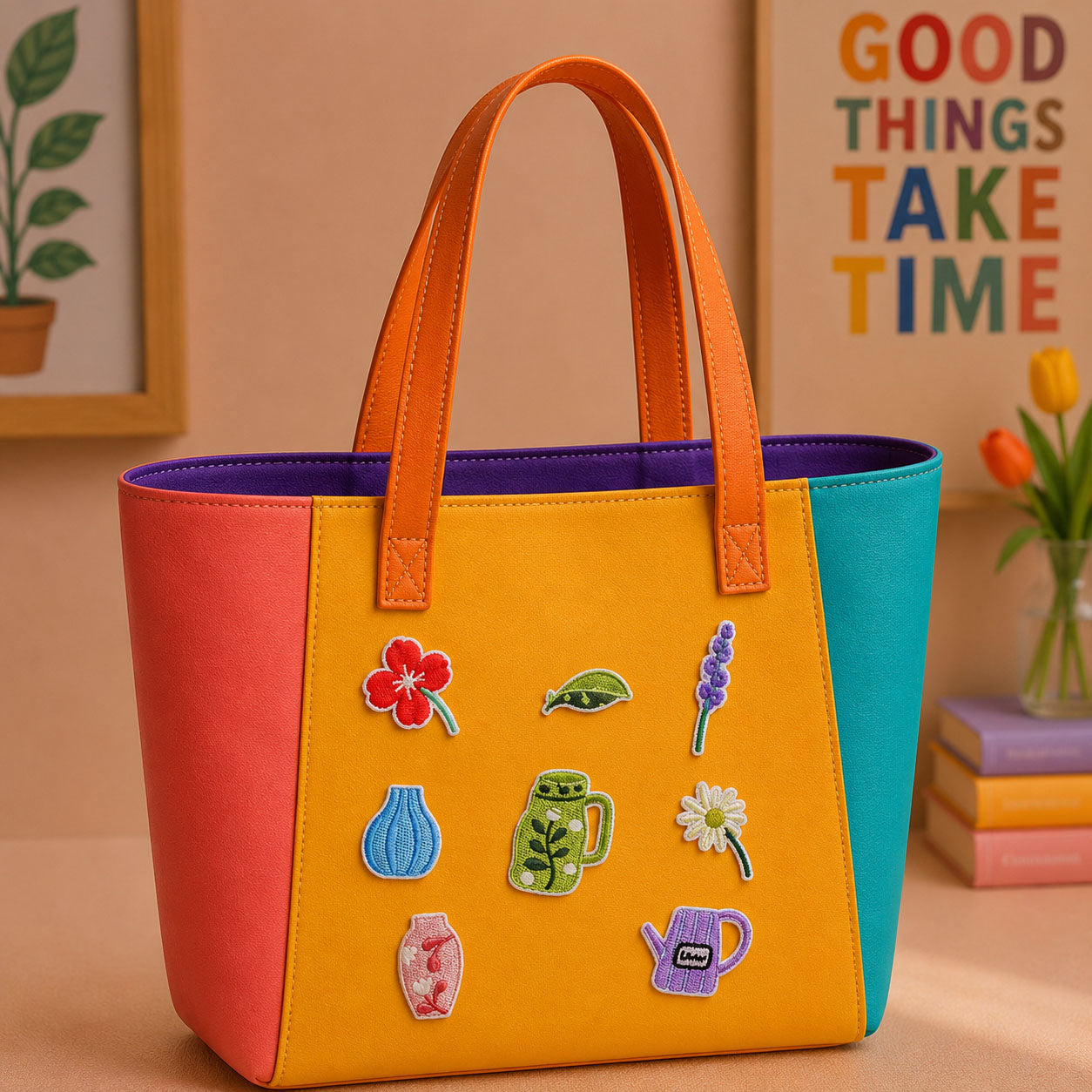 seven floral and ceramic vase embroidered patches on a bold color-block leather tote bag