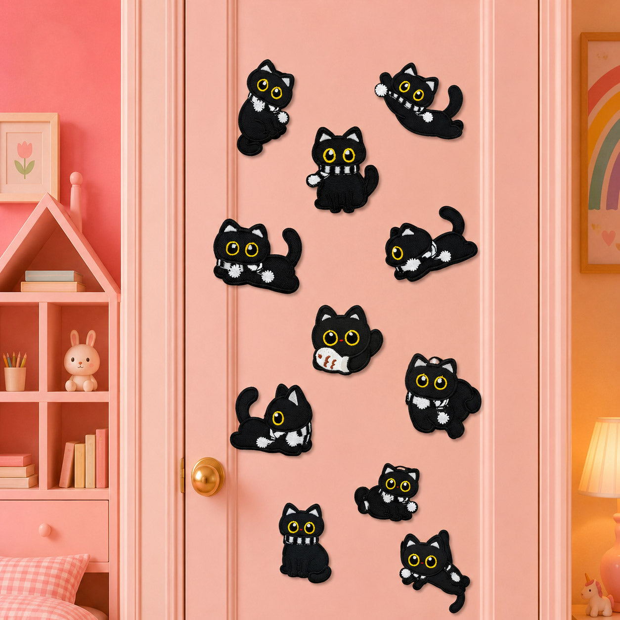 cozy black cat with knit striped scarf white chest fur and heart in ten poses including sitting crawling and lying stick-on patches on a pink door in a girls room