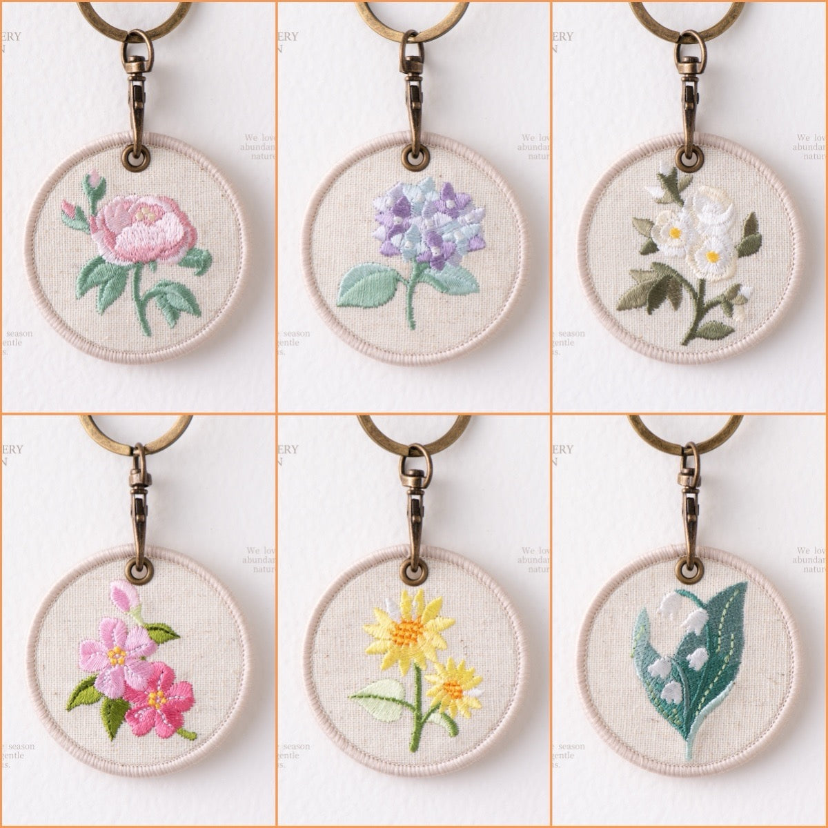 set of six botanical floral double-sided embroidered keychain charms