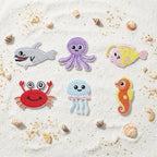 six cute sea creatures embroidered stick-on patches complete set