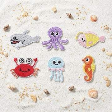 six cute sea creatures embroidered stick-on patches complete set