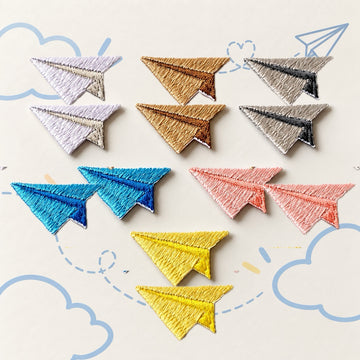 cute paper airplane embroidered stick-on patches full set of 6 pairs — blue pink yellow brown grey white all colours satin embroidery 33x18mm