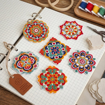 Six vintage floral mandala embroidered stick-on patches in coordinating colors
