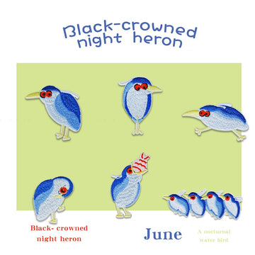 six black-crowned night heron embroidered stick-on patches complete set