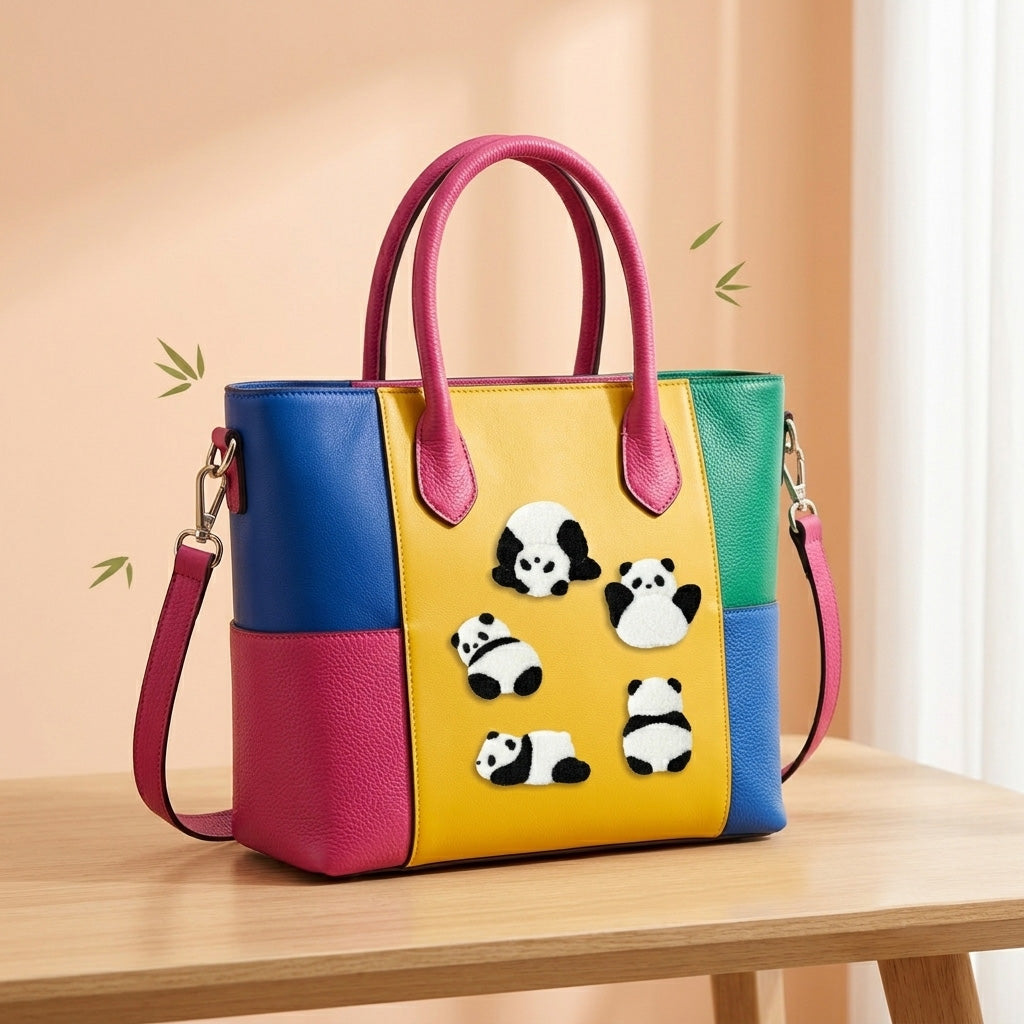 fuzzy panda embroidered stick-on patches in lazy poses on a colorful leather tote bag