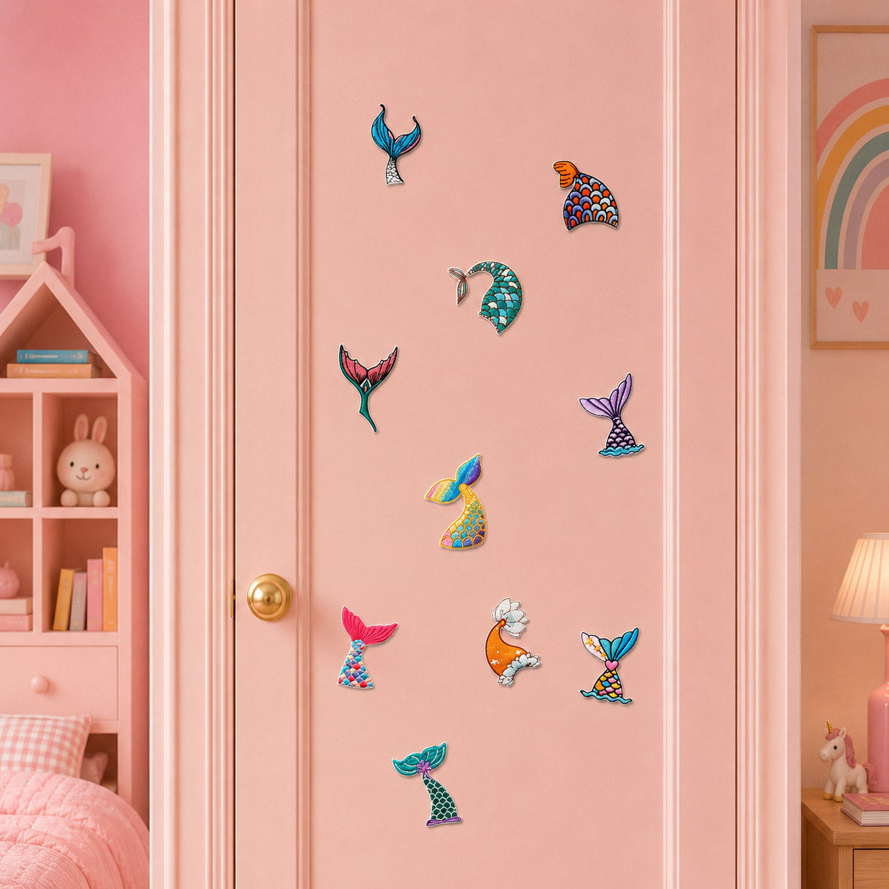 colorful mermaid tail stick-on patches with rainbow gradient curled fin wave splash and heart detail in ten styles on a pink door in a girls room
