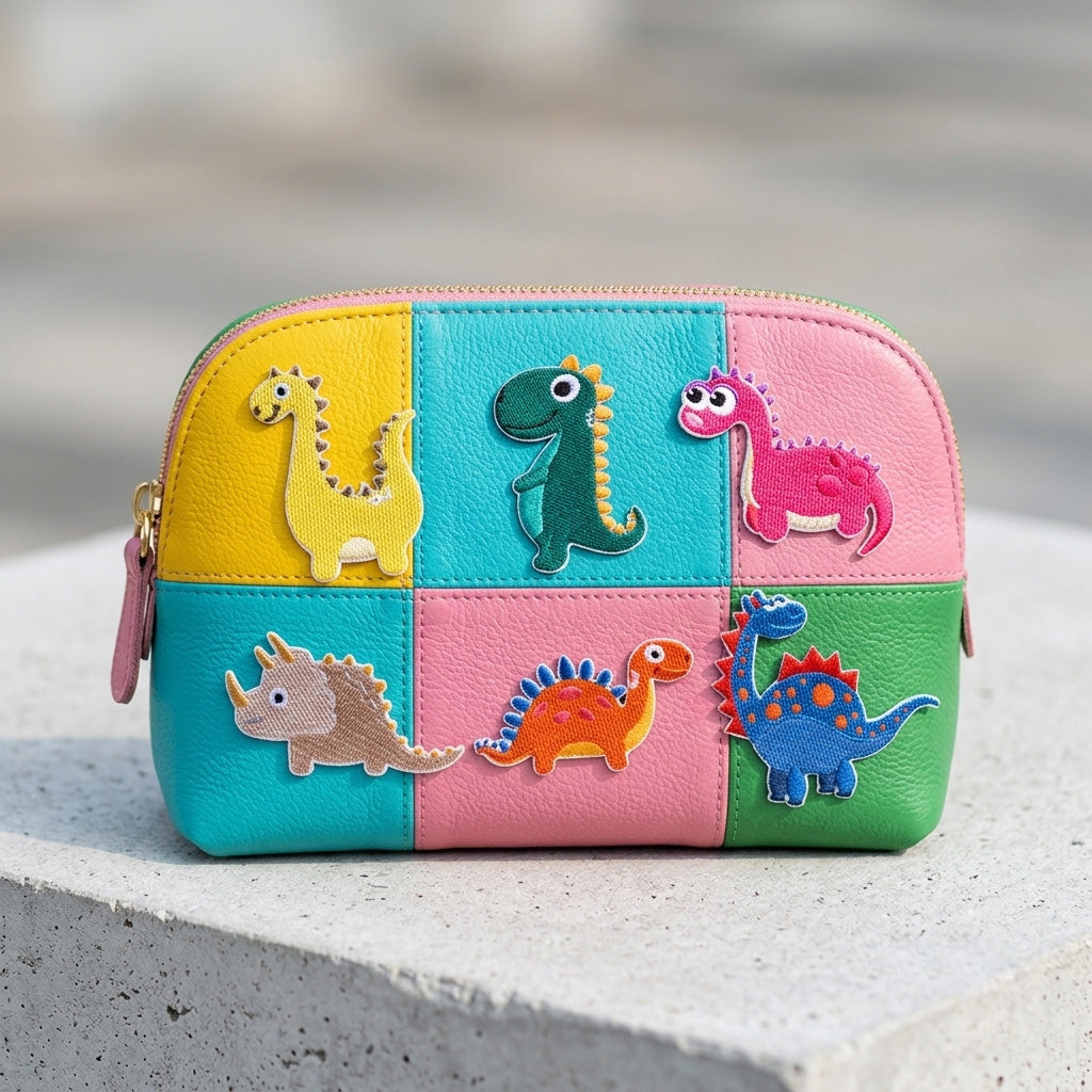 six colorful dinosaur embroidered patches on a colorblock leather cosmetic pouch