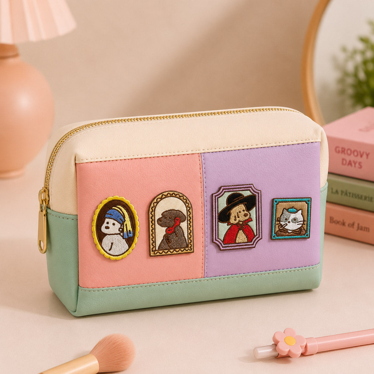 dog and cat famous painting parody stick-on patches decorating a pink and purple color-block leather makeup bag