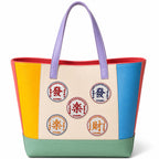 fa le cai chinese lucky character round badge stick-on patches on a bold multicolor stripe leather handbag with purple straps