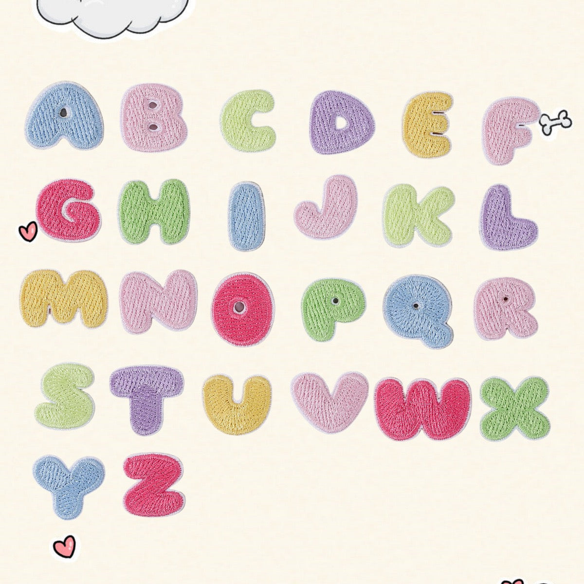 pastel macaroon mini alphabet embroidered stick-on patches complete A to Z set