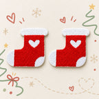 cute red heart stocking embroidered stick-on patch pair — dense red embroidery with white cuff white heart and white toe Christmas stocking design 30x30mm