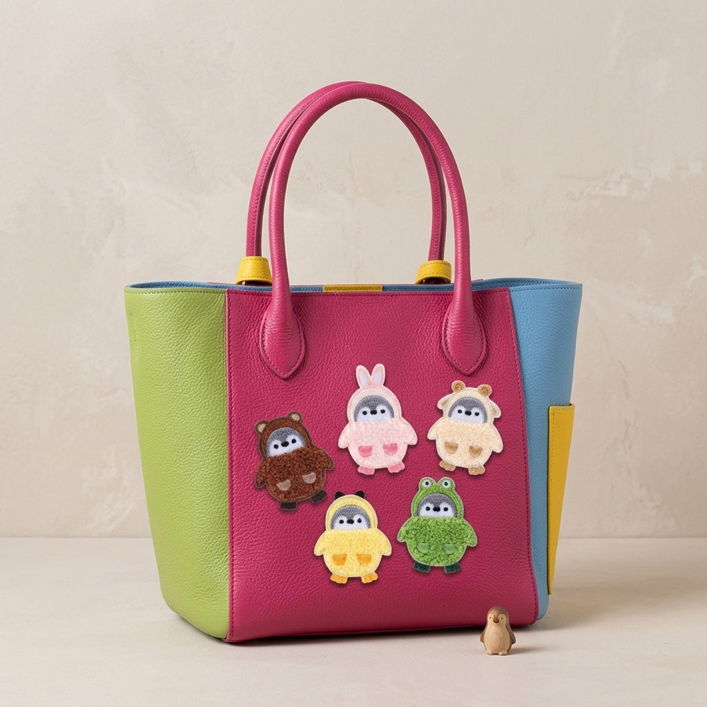 five chenille penguin patches in bear bunny sheep chick and frog costumes on a bold color-block leather bag