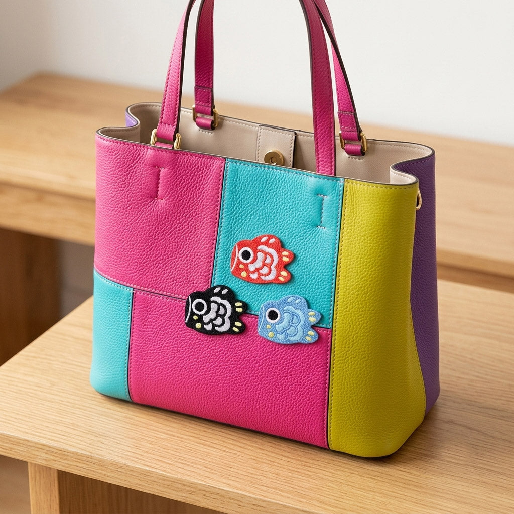 red black and blue koi fish embroidered patches swimming on a pink teal and yellow leather handbag