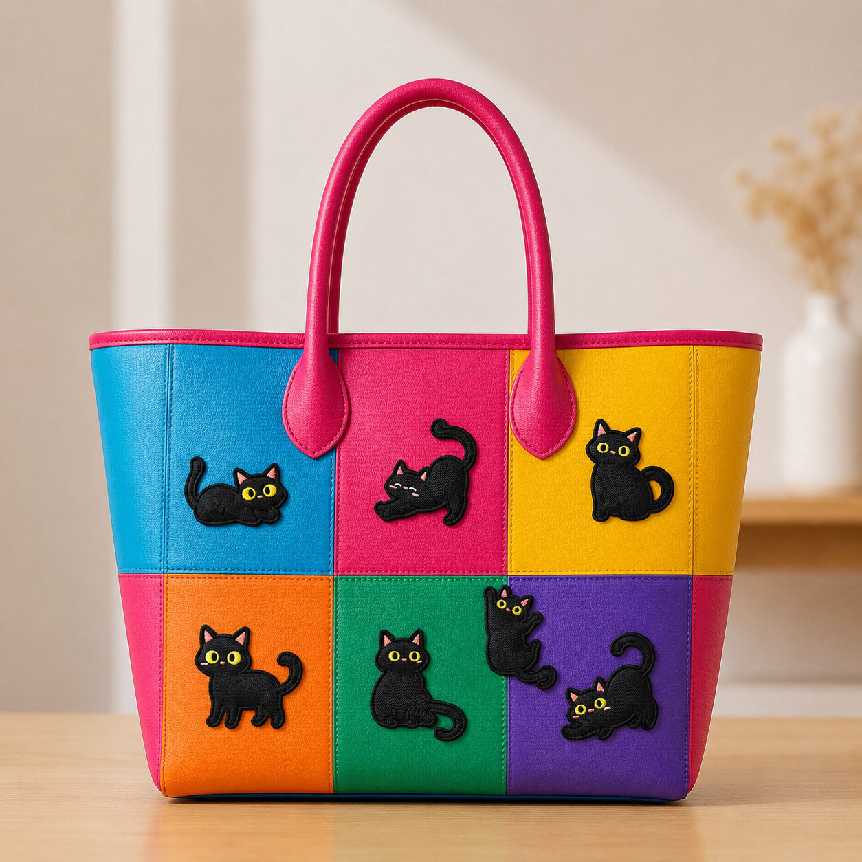 playful void cat stick-on patches in different poses decorating a vibrant color-block leather handbag