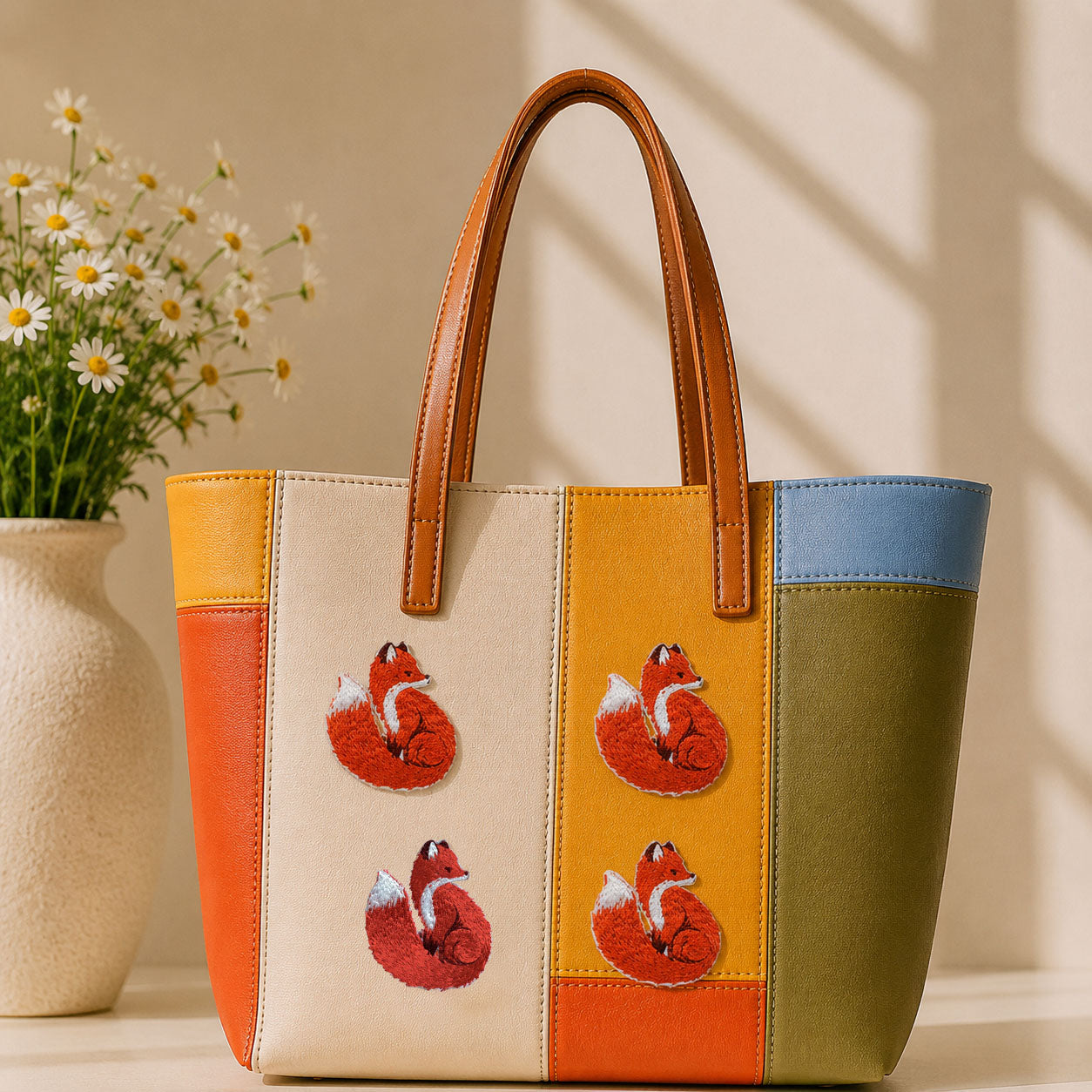 four red fox embroidered patches on an orange cream and olive color-block leather tote bag