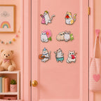 white cat with strawberry handbag eating watermelon playing guitar in party hat wearing apron and holding apple with hibiscus flower stick-on patches on a pink door