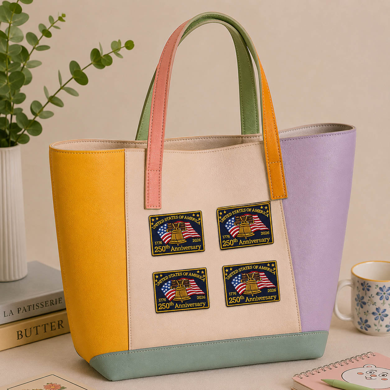 USA 250th Anniversary embroidered patch on canvas tote bag