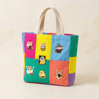 seven red panda patches as wizard spongebob vermeer painting and more on a multicolor canvas bag