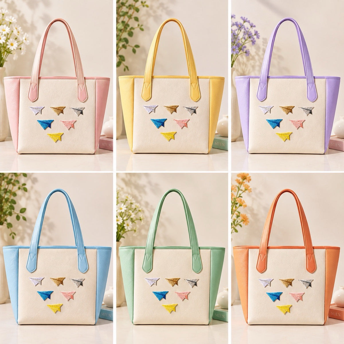 cute paper airplane embroidered stick-on patches styled on six pastel tote bags — pink yellow purple blue mint and orange bags each decorated with a full set of six paper airplane patches