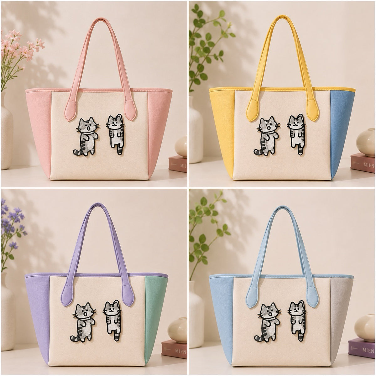 Gray tabby cat embroidered stick-on patches on tote bags in four color combinations
