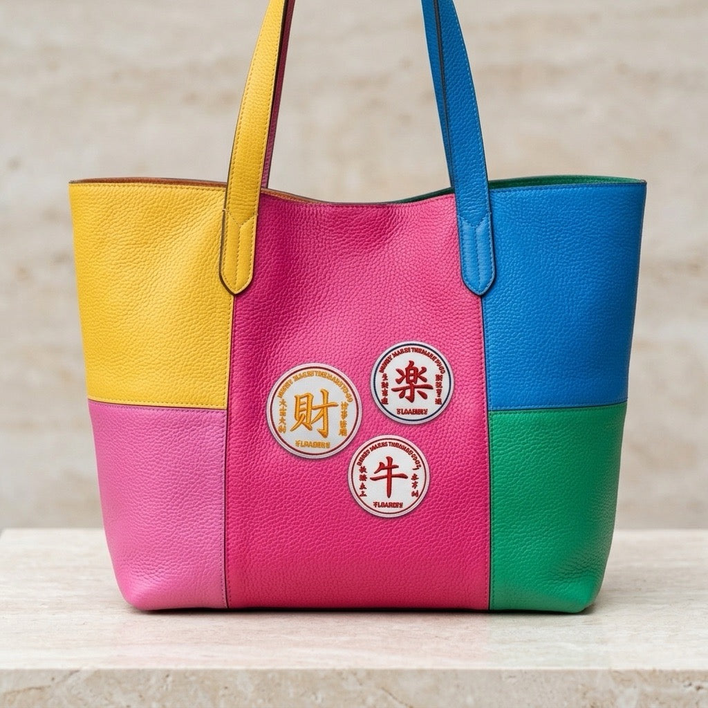 chinese lucky fortune stick-on embroidered patch on canvas tote bag