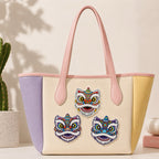 Chinese guardian lion dance embroidered stick-on patch on canvas tote bag