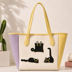 funny peeking black cat embroidered stick-on patch on canvas tote bag
