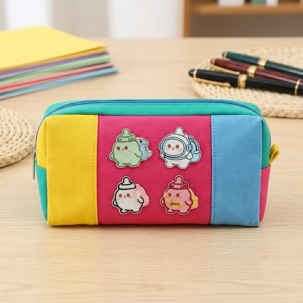 kawaii chubby baby bottle elf embroidered stick-on patches on a colorful pencil case
