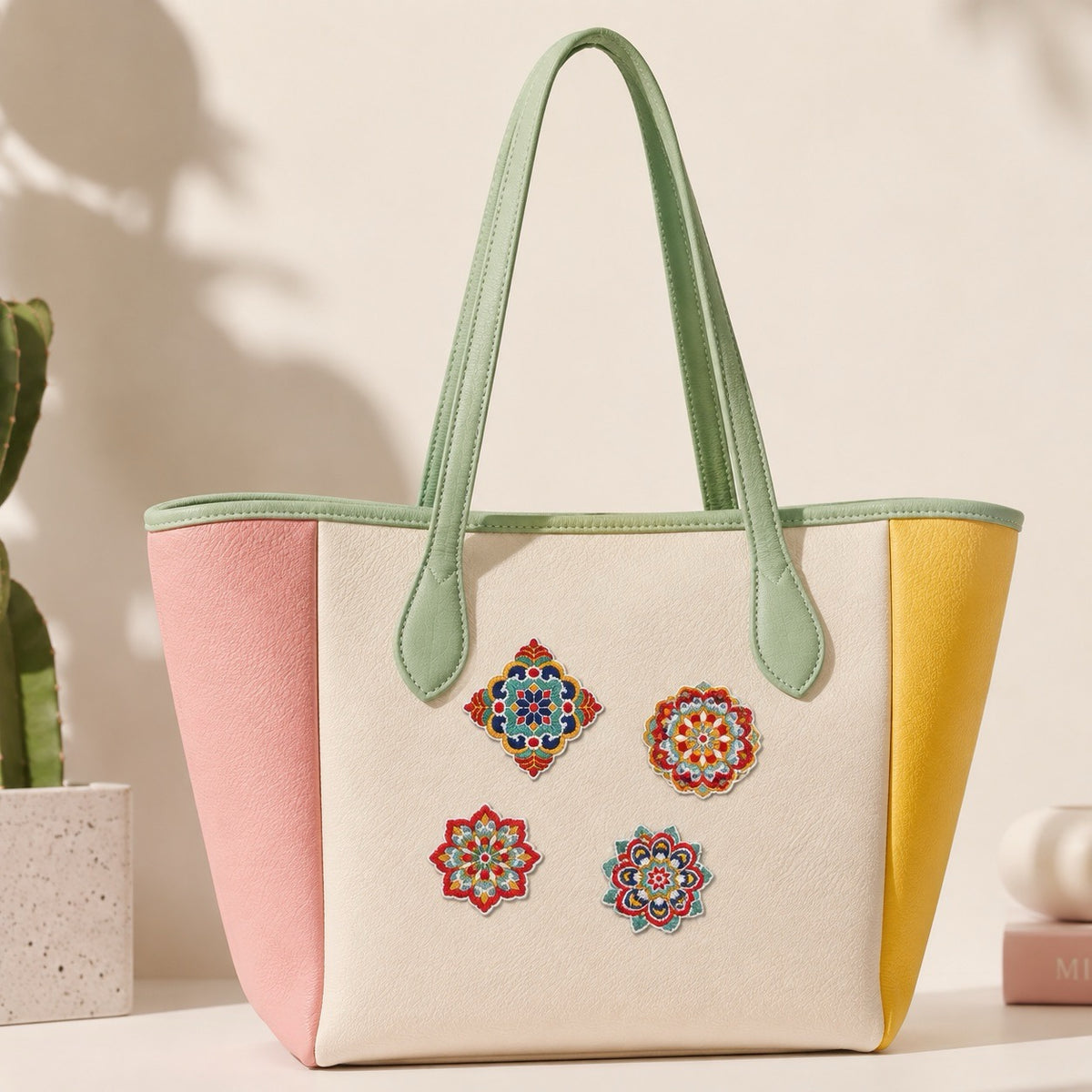 Vintage floral mandala embroidered stick-on patches decorating a tote bag
