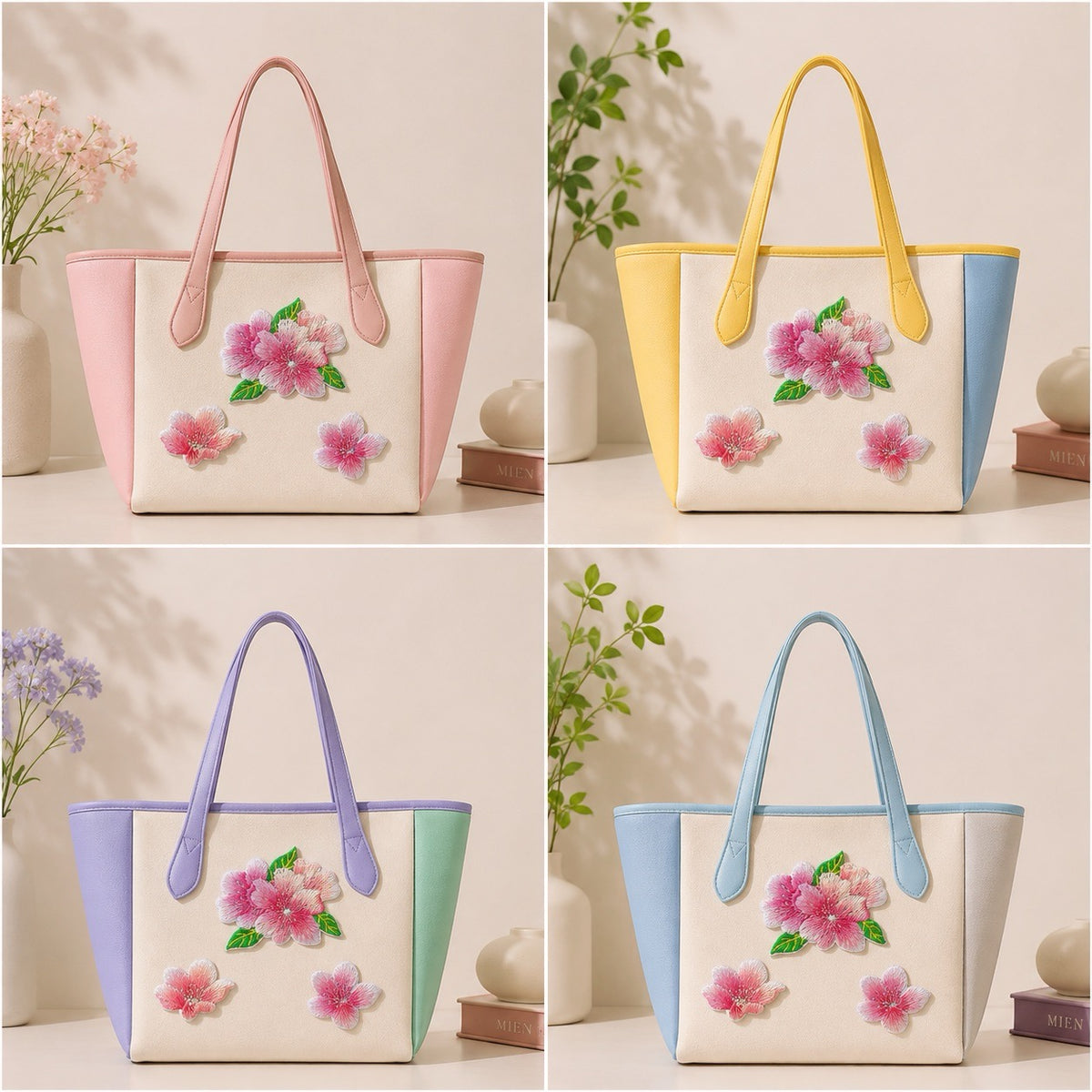 Four pastel tote bags displaying pink cherry blossom patches in matching floral arrangements
