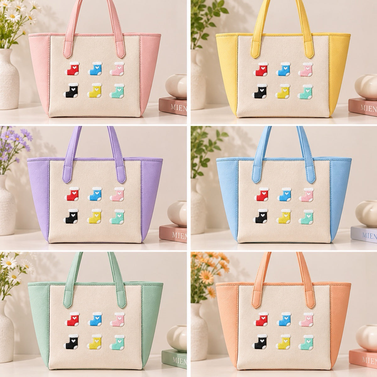 cute heart stocking embroidered stick-on patches styled on six pastel tote bags — full set of nine colour stockings arranged in grid formation on pink yellow lavender blue mint and orange bags