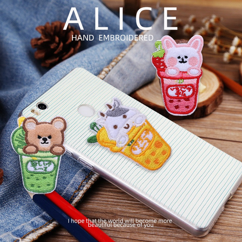 animal bubble tea embroidered patches on phone case
