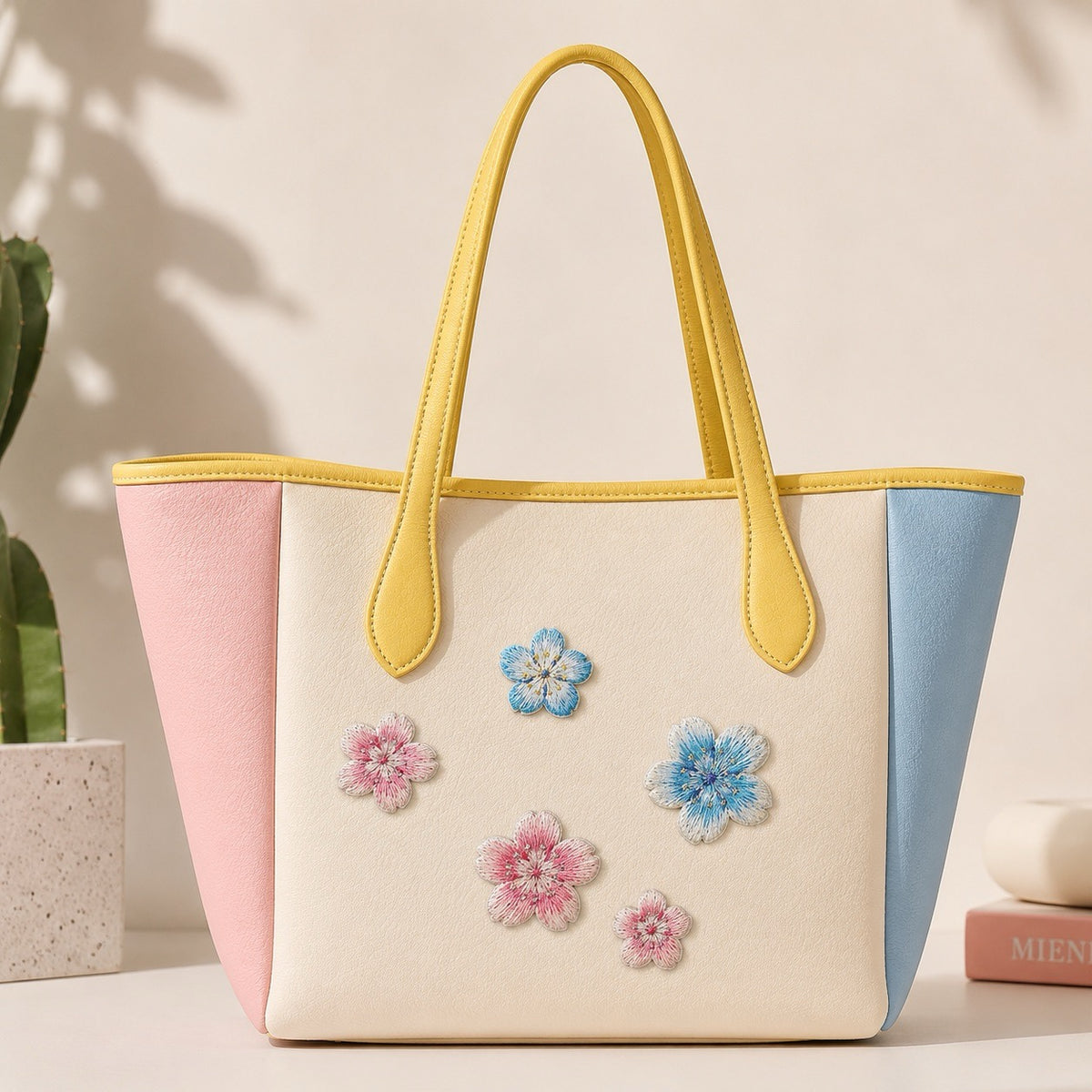 Pastel tote with yellow handles decorated with pink and blue cherry blossom embroidered patches
