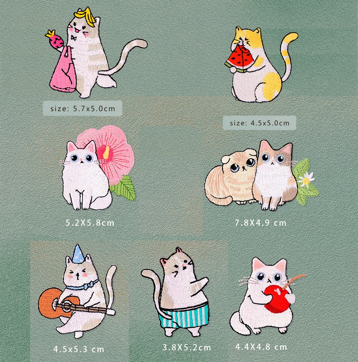 set of seven whimsical cat life and floral embroidered stick-on patches
