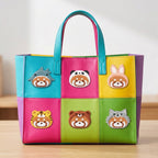 six red panda face patches wearing shark panda bunny tiger bear and wolf hats on a rainbow block leather bag