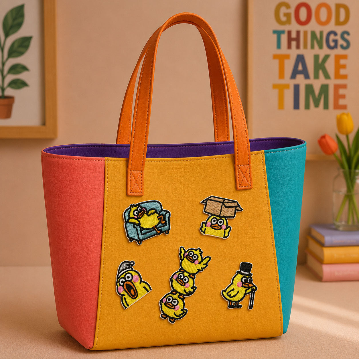 cartoon duck on sofa in top hat and stacking stick-on patches decorating an orange and yellow color-block leather handbag