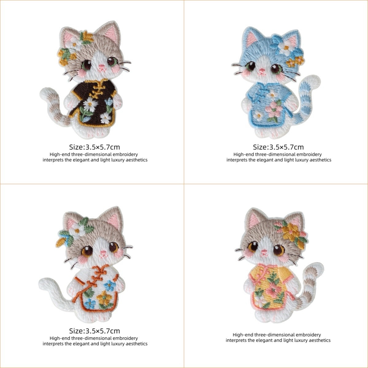 4-piece kawaii cat cheongsam dress 3D embroidered stick-on patches full set