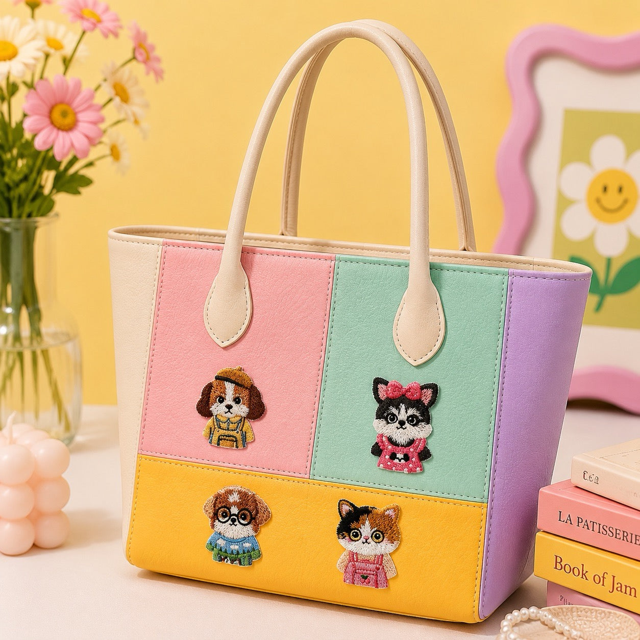 cute dressed pets embroidered stick-on patch on canvas tote bag