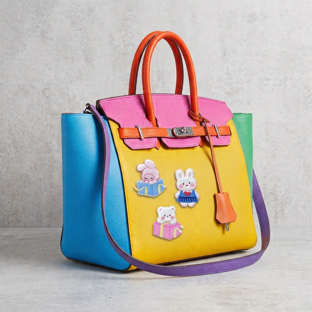 three plush bunny and bear embroidered patches on a bold color-block leather handbag