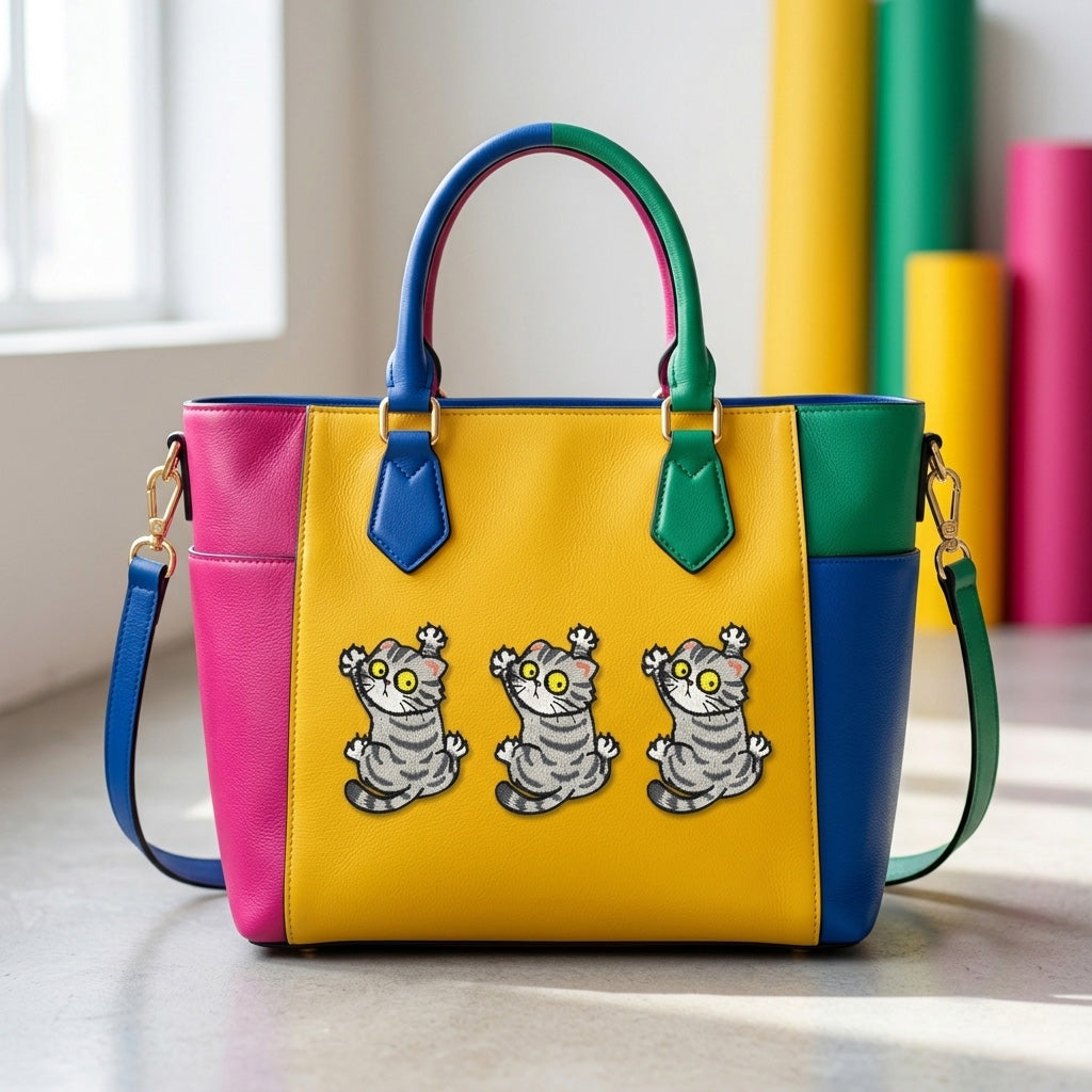 three matching gray striped cat patches with wide eyes and raised paws on a colorful leather handbag