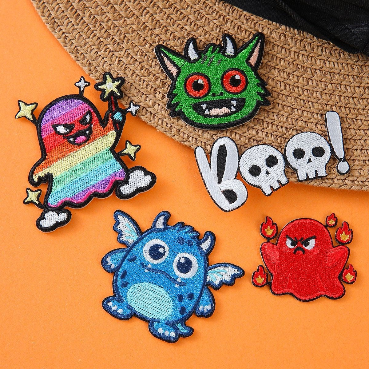 spooky cute halloween ghost and monster embroidered stick-on patches poster