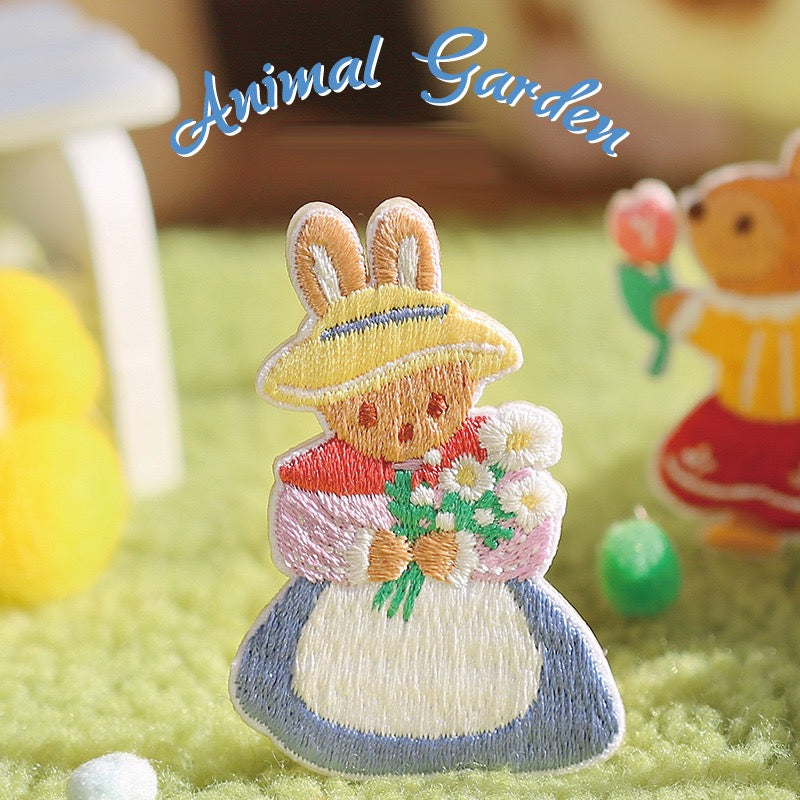 flower picking bunny embroidered patch close-up detail