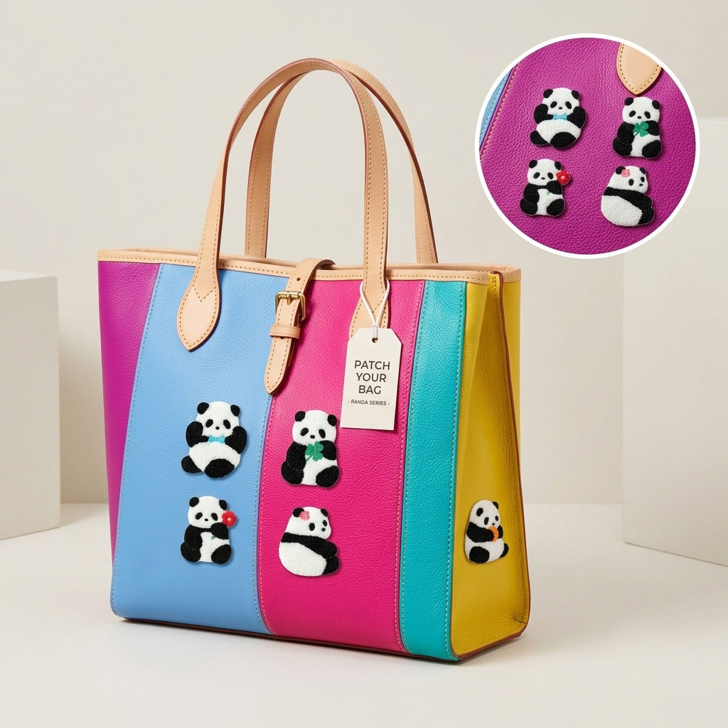 five chenille panda patches with scarf bamboo red flower and pink blossom on a bold multicolor stripe leather bag